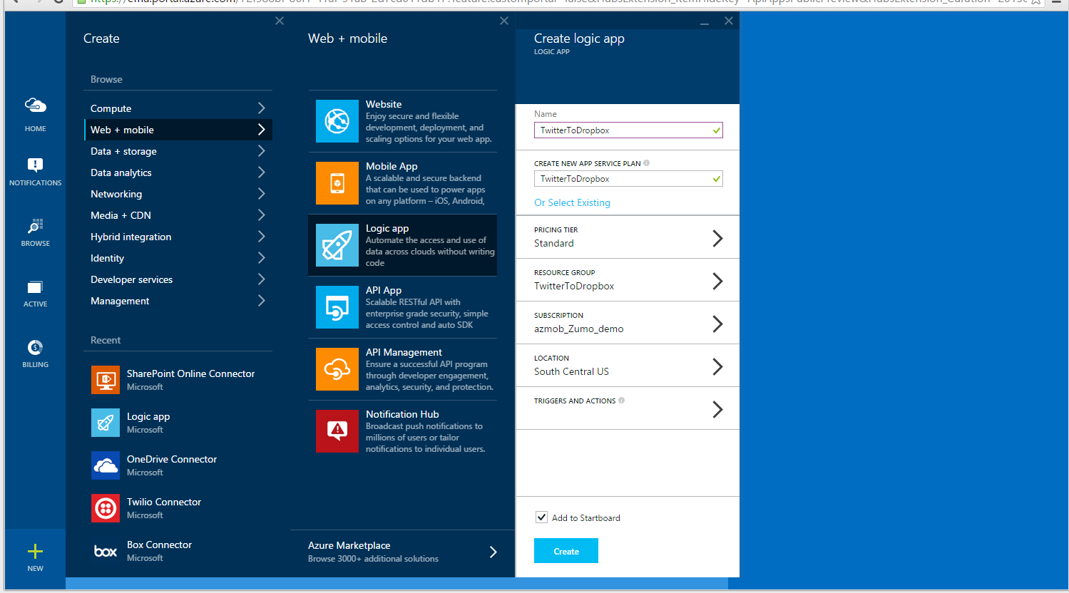Create logic app blade